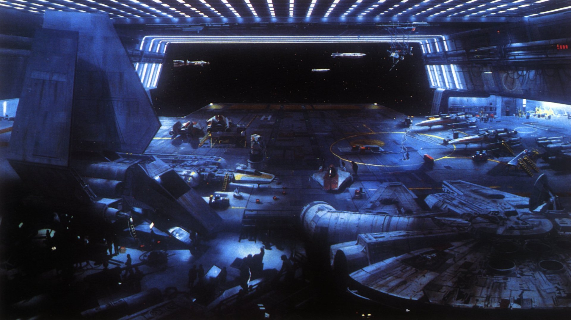 HD PC desktop wallpaper featuring a sci-fi Star Wars scene inside a dimly lit hangar bay with iconic spacecraft and futuristic lighting.