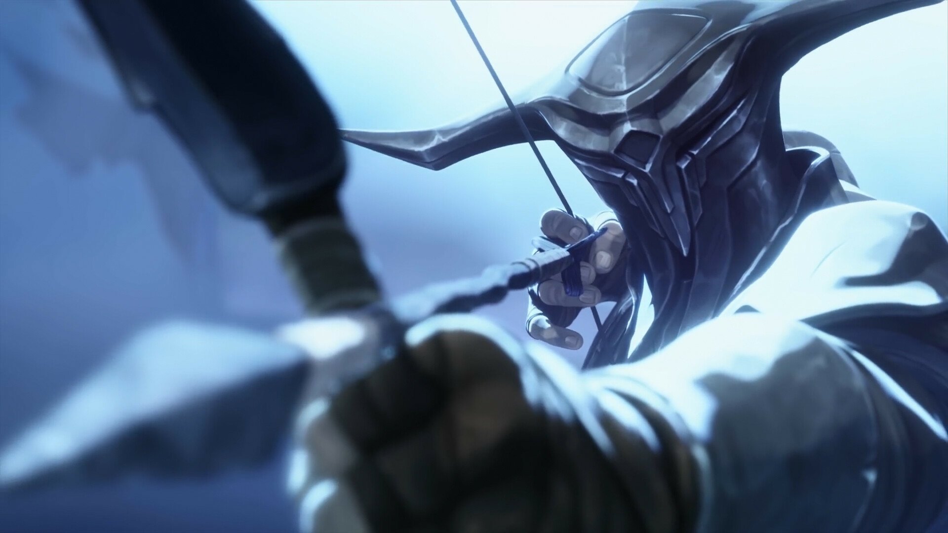 HD desktop wallpaper featuring a dynamic close-up of a helmeted archer from the video game Legends of Runeterra, captured in mid-shot with a drawn bow.