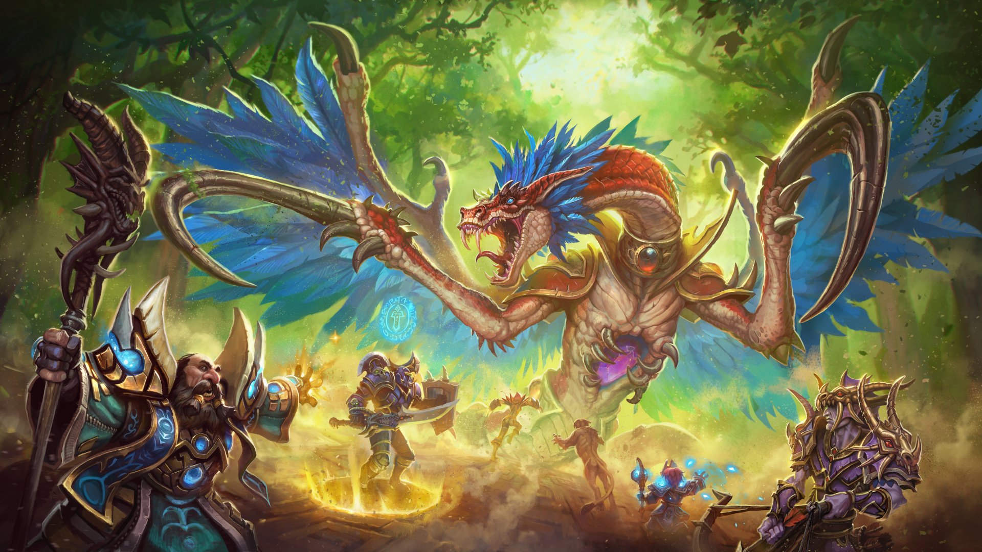 Epic battle scene from World of Warcraft featuring armored heroes facing a fierce dragon in a vibrant forest, rendered as an 8K Ultra HD PC desktop wallpaper.