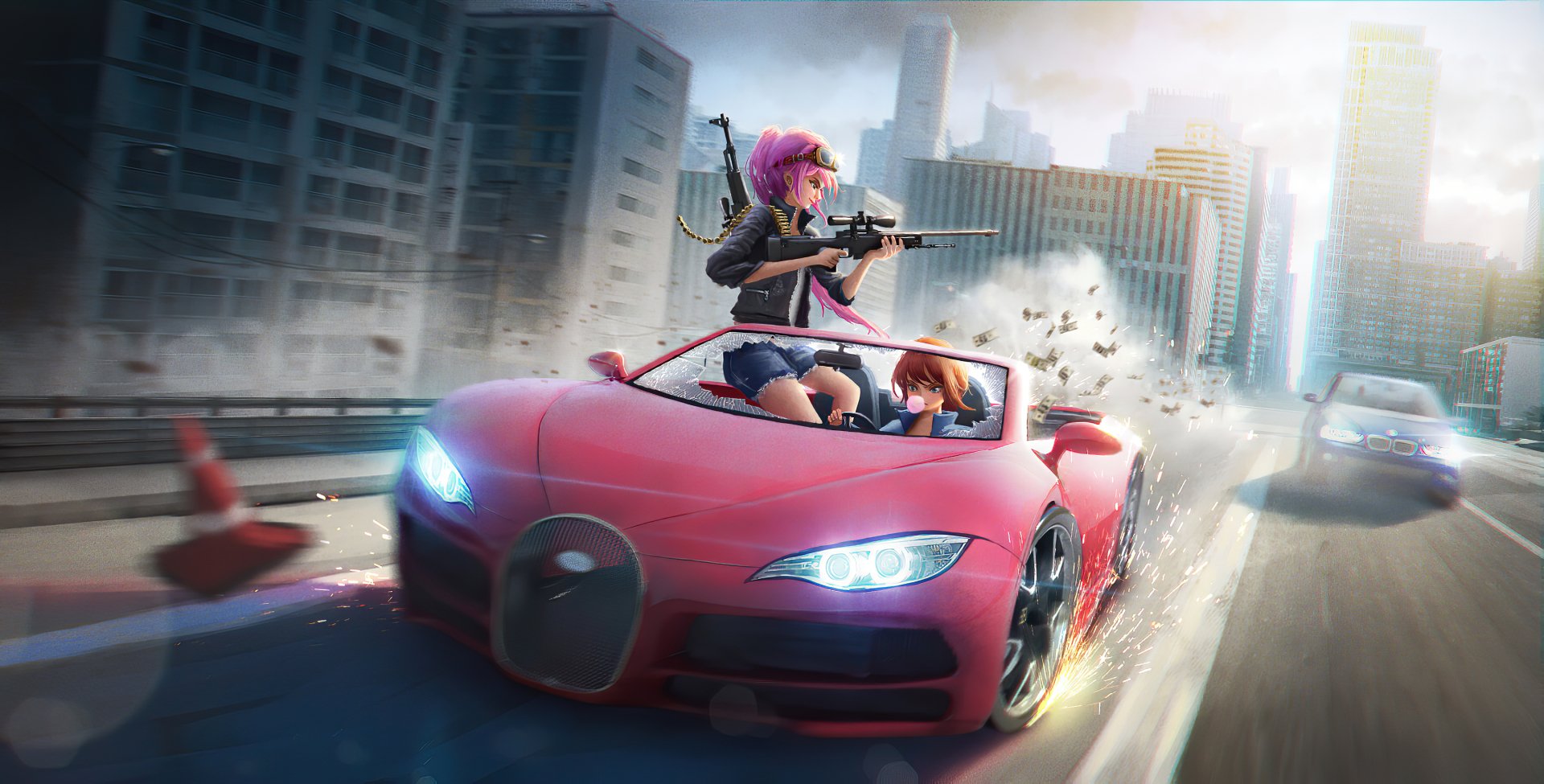 Download Weapon Pink Hair Car Sci Fi Woman Warrior HD Wallpaper by Shusei Sasaya