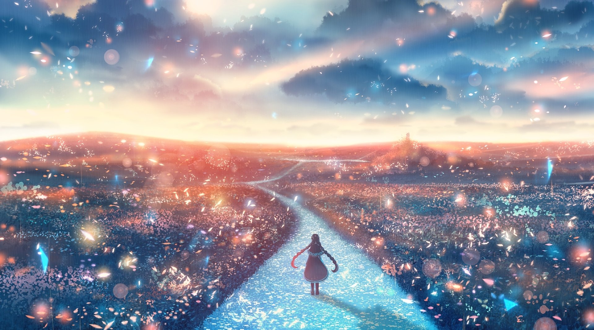 Anime landscape with a girl walking down a shimmering path at dusk, surrounded by a field of glowing flowers. The sky is filled with pastel colors and clouds. HD desktop wallpaper and background.