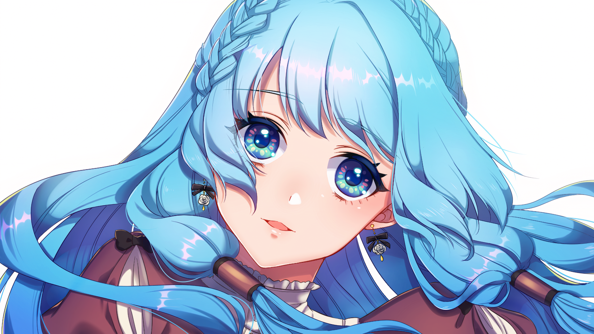 HD anime desktop wallpaper featuring an original character with striking blue eyes and flowing blue hair against a white background.
