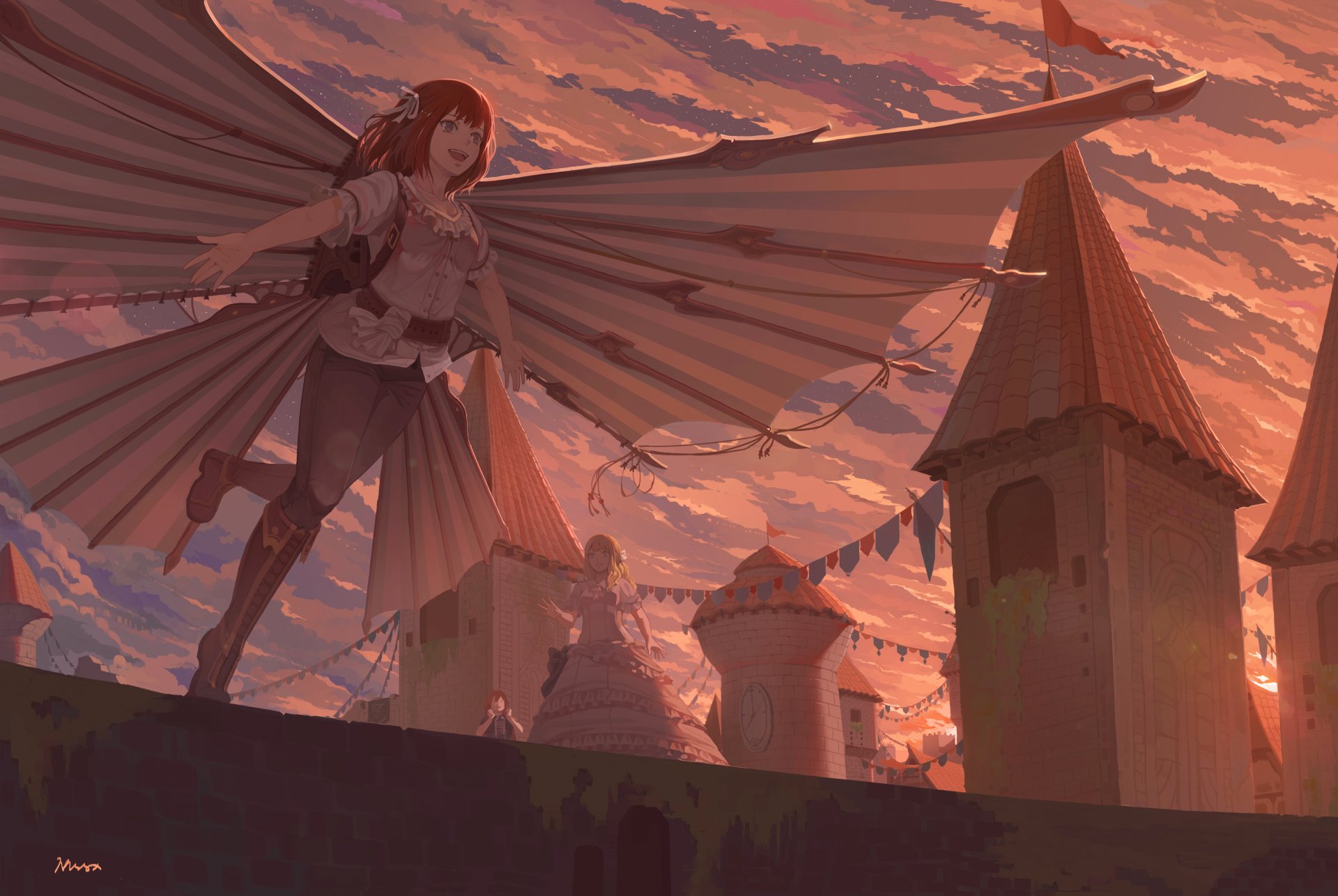 Anime-style original character with large wings perched on a rooftop, set against a dramatic sunset sky in a detailed 4K Ultra HD desktop wallpaper.