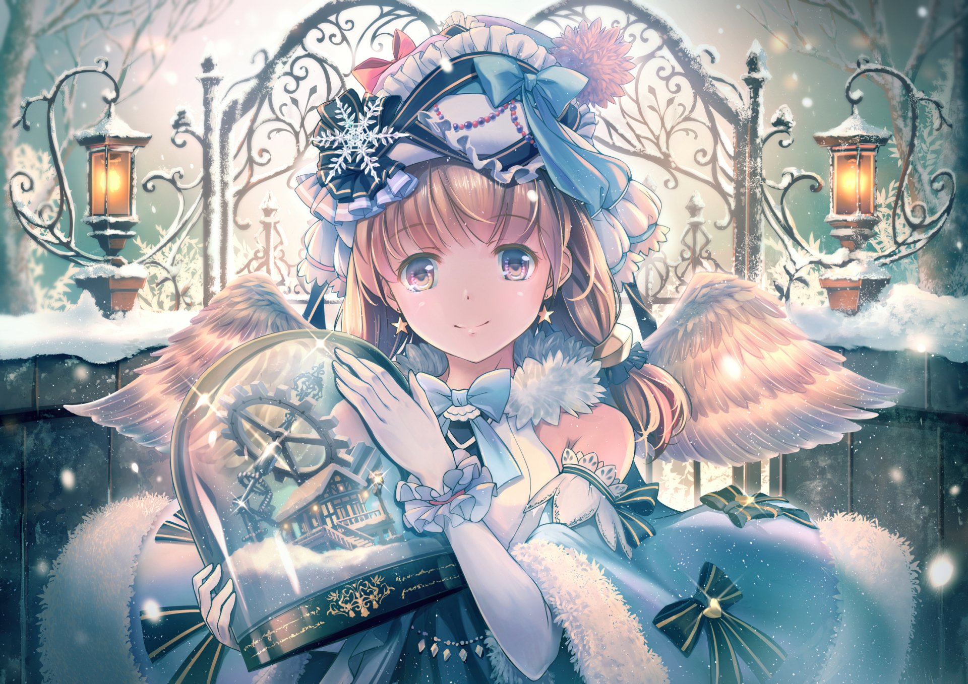 Anime-style original HD desktop wallpaper featuring a winter-themed angelic girl with glowing wings, intricate attire, and soft, snowy background lighting.