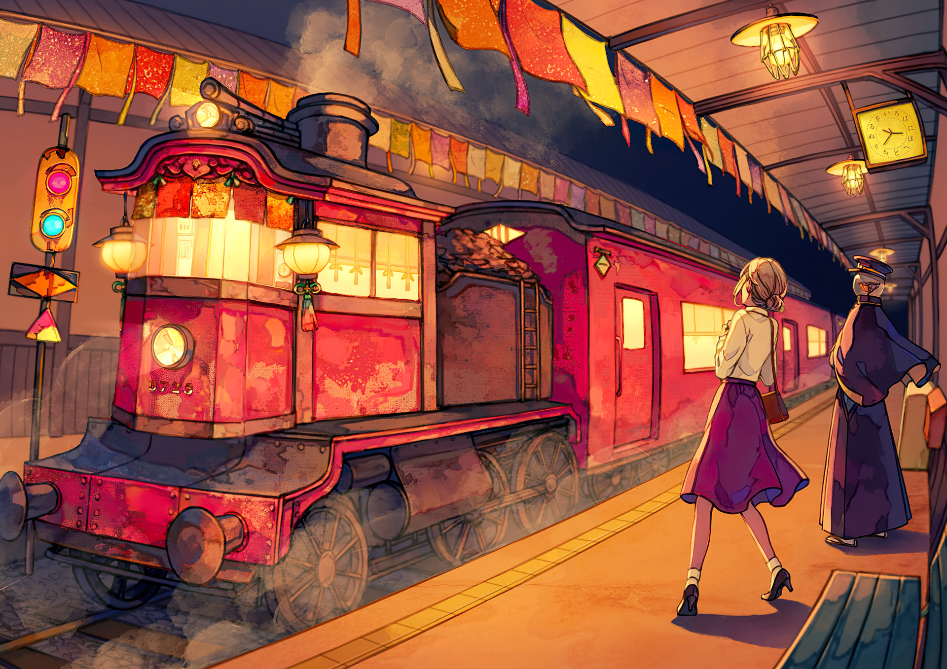 Anime train HD PC desktop wallpaper: vibrant anime-style red locomotive at a lantern-lit station platform, two passengers silhouetted under warm evening lights.
