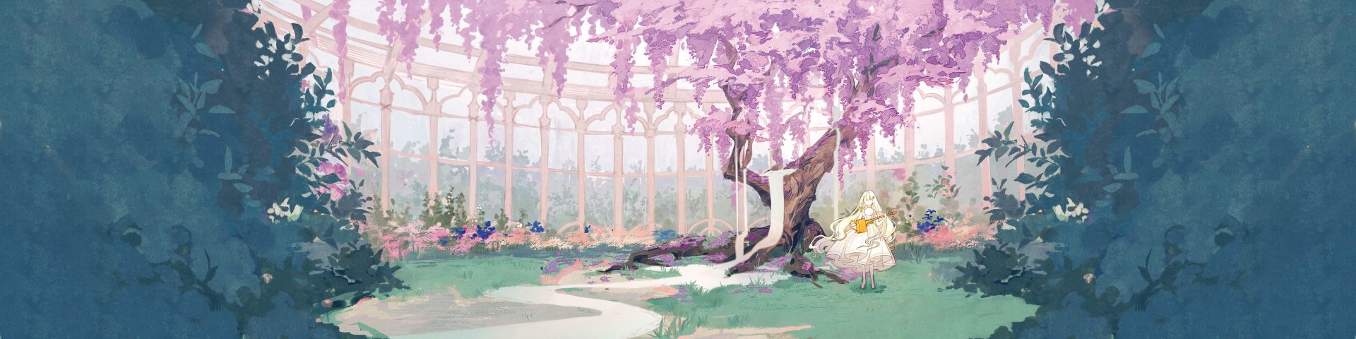 Anime scene: sprawling pink wisteria tree inside a glass conservatory; a girl in white sits beneath. 4K Ultra HD PC Desktop wallpaper and background.