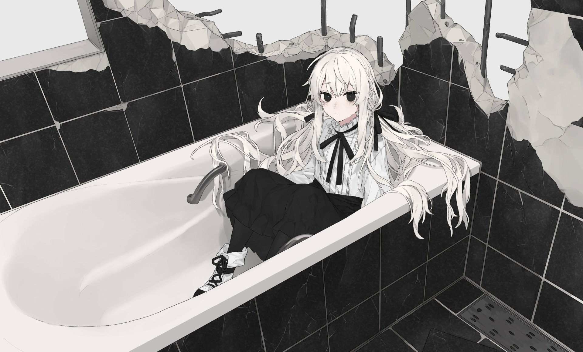 Black and white anime-style HD desktop wallpaper featuring an original character with long white hair sitting in a damaged bathroom bathtub surrounded by cracked tiles.