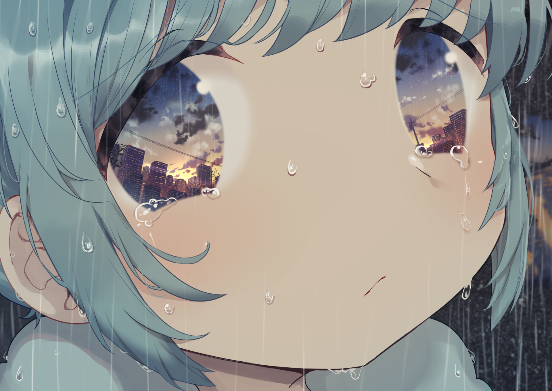 HD anime desktop wallpaper featuring an original character with reflective, cityscape-filled eyes and raindrops on their face, rendered in detailed, expressive style.