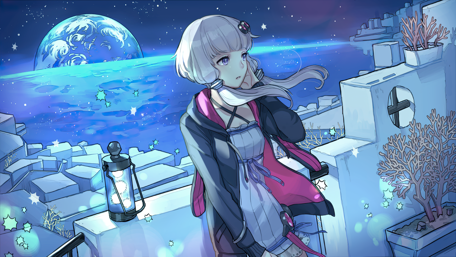 HD anime desktop wallpaper featuring Yuzuki Yukari from Vocaloid, set against a serene night sky with the Earth visible in the background.