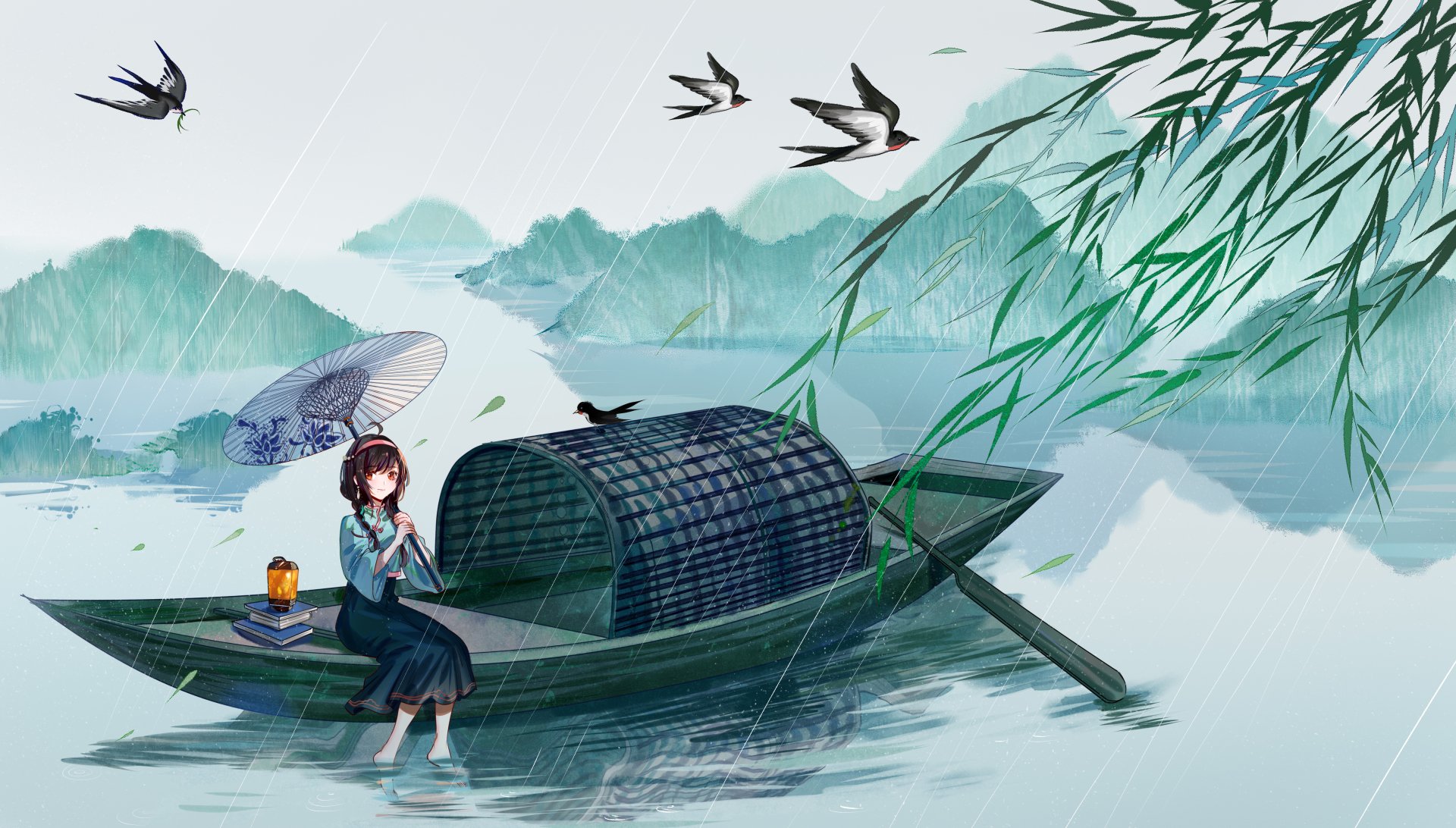 Yuezheng Ling, Anime Vocaloid, sits on a bamboo boat in gentle rain with an umbrella; swallows fly above misty mountains and bamboo reflected on calm water — 4K Ultra HD PC wallpaper/background.