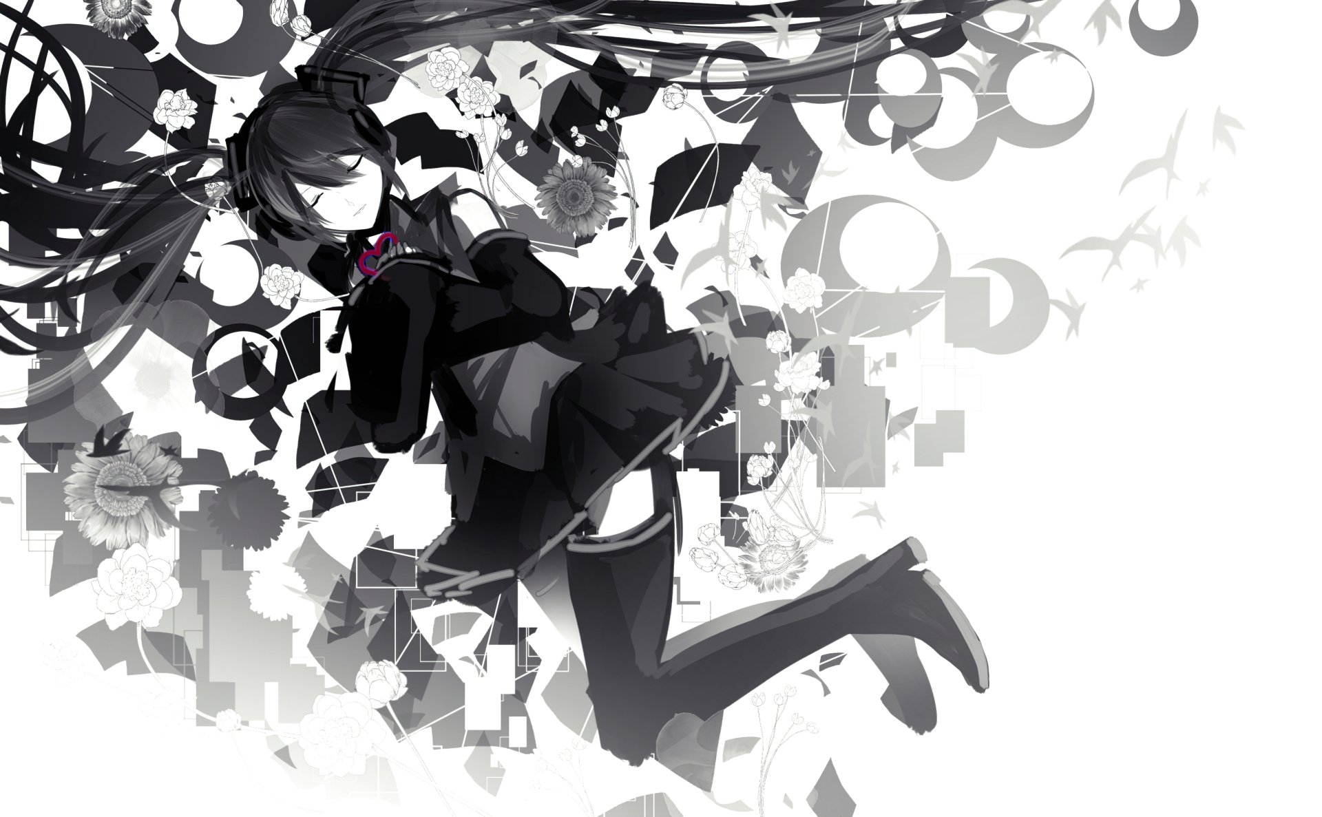 Monochrome Hatsune Miku anime Vocaloid artwork with flowing twin tails, floral and geometric accents — 2K Quad HD PC desktop wallpaper and background.