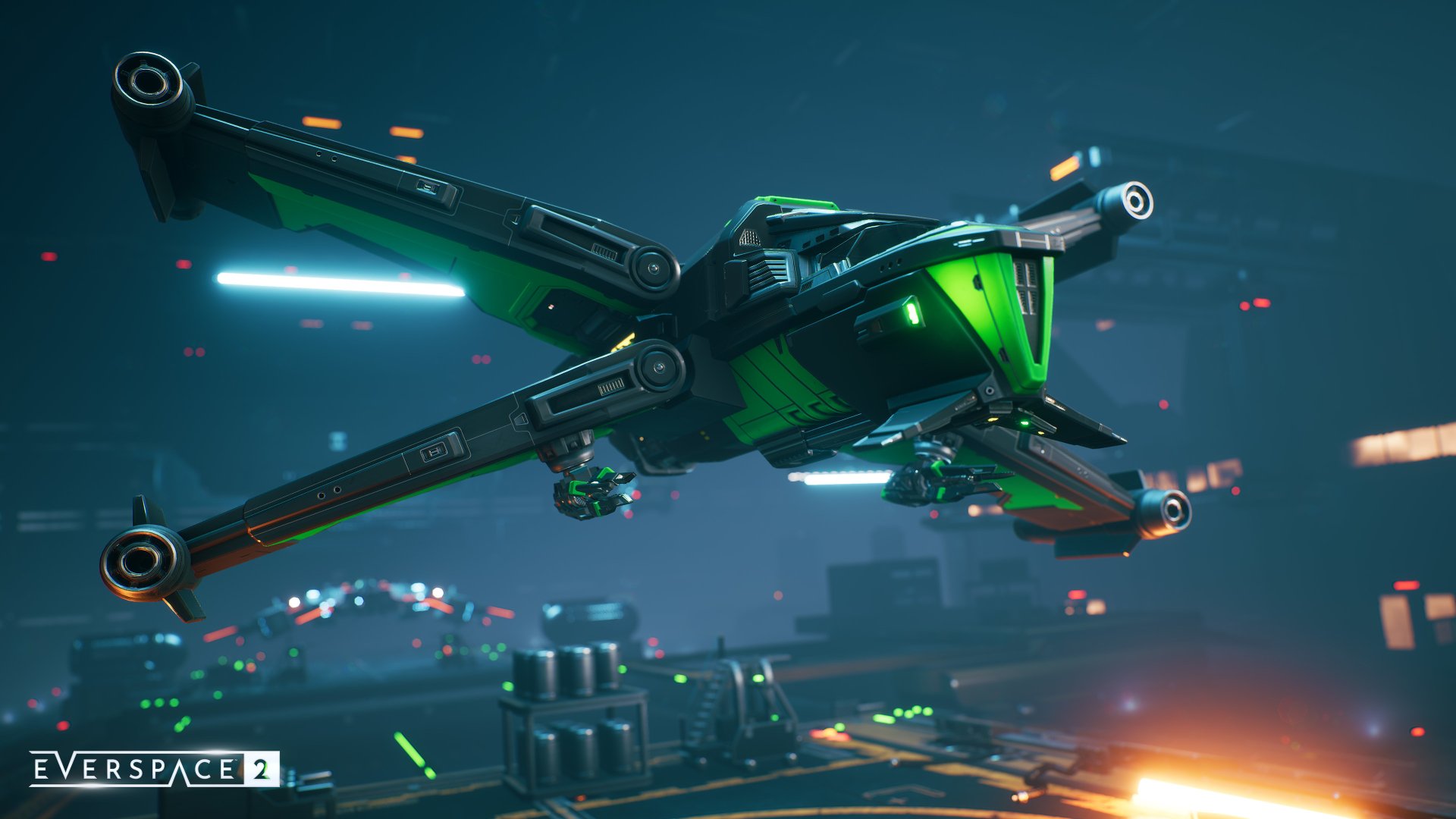 4K Ultra HD PC desktop wallpaper featuring a sleek spaceship flying over a futuristic cityscape from the video game Everspace 2.