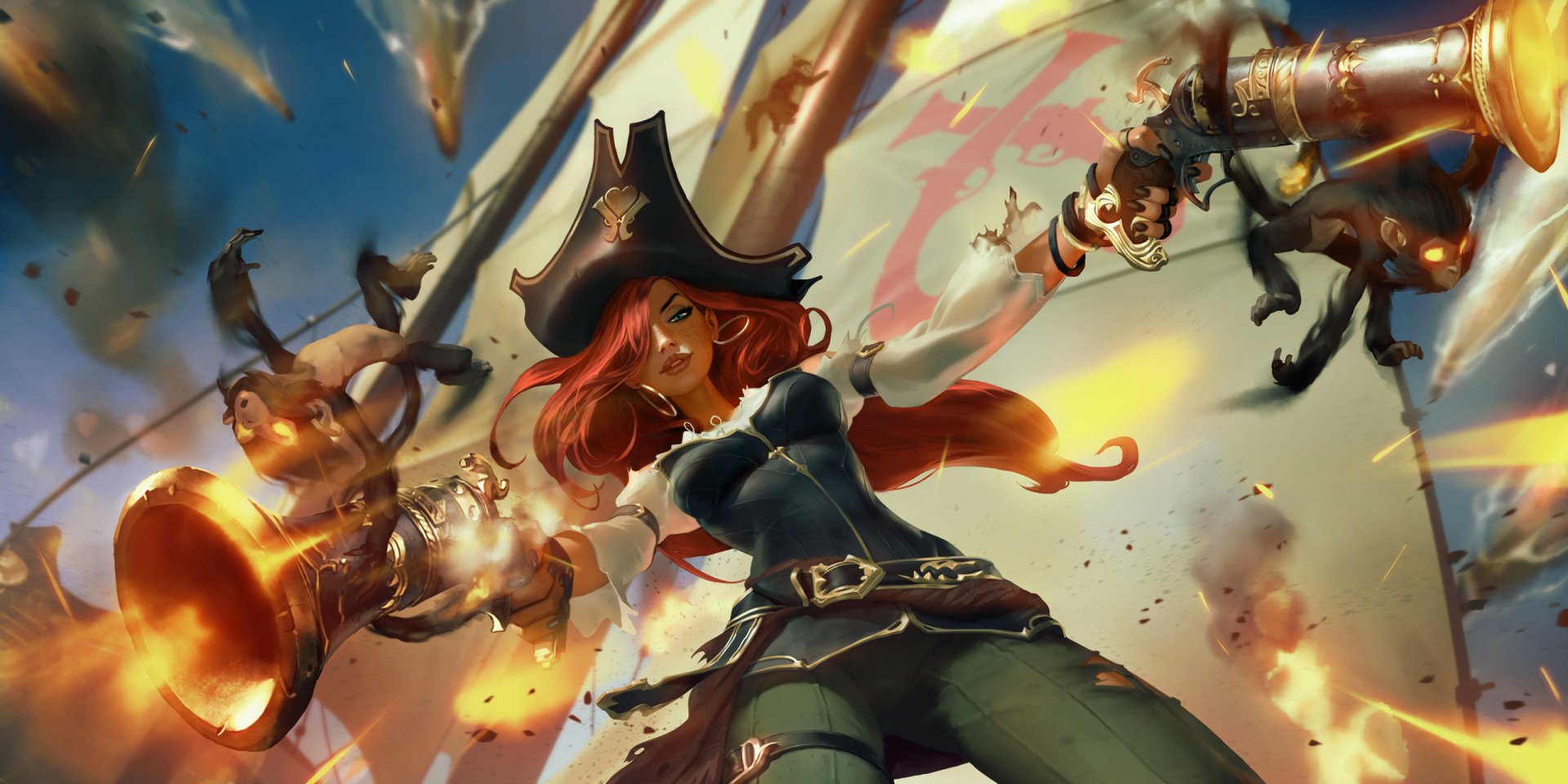 An HD wallpaper featuring Miss Fortune from League of Legends, showcasing her dynamic pose and bold pirate aesthetic against a vibrant battle backdrop from Legends of Runeterra.