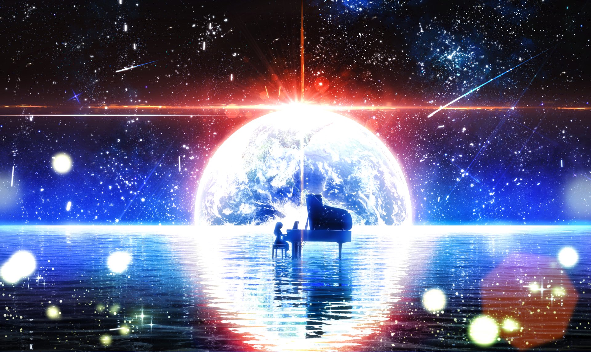 Anime-style HD desktop wallpaper featuring a piano and figure on reflective water beneath a starry night sky with shooting stars and a glowing Earth in the background.