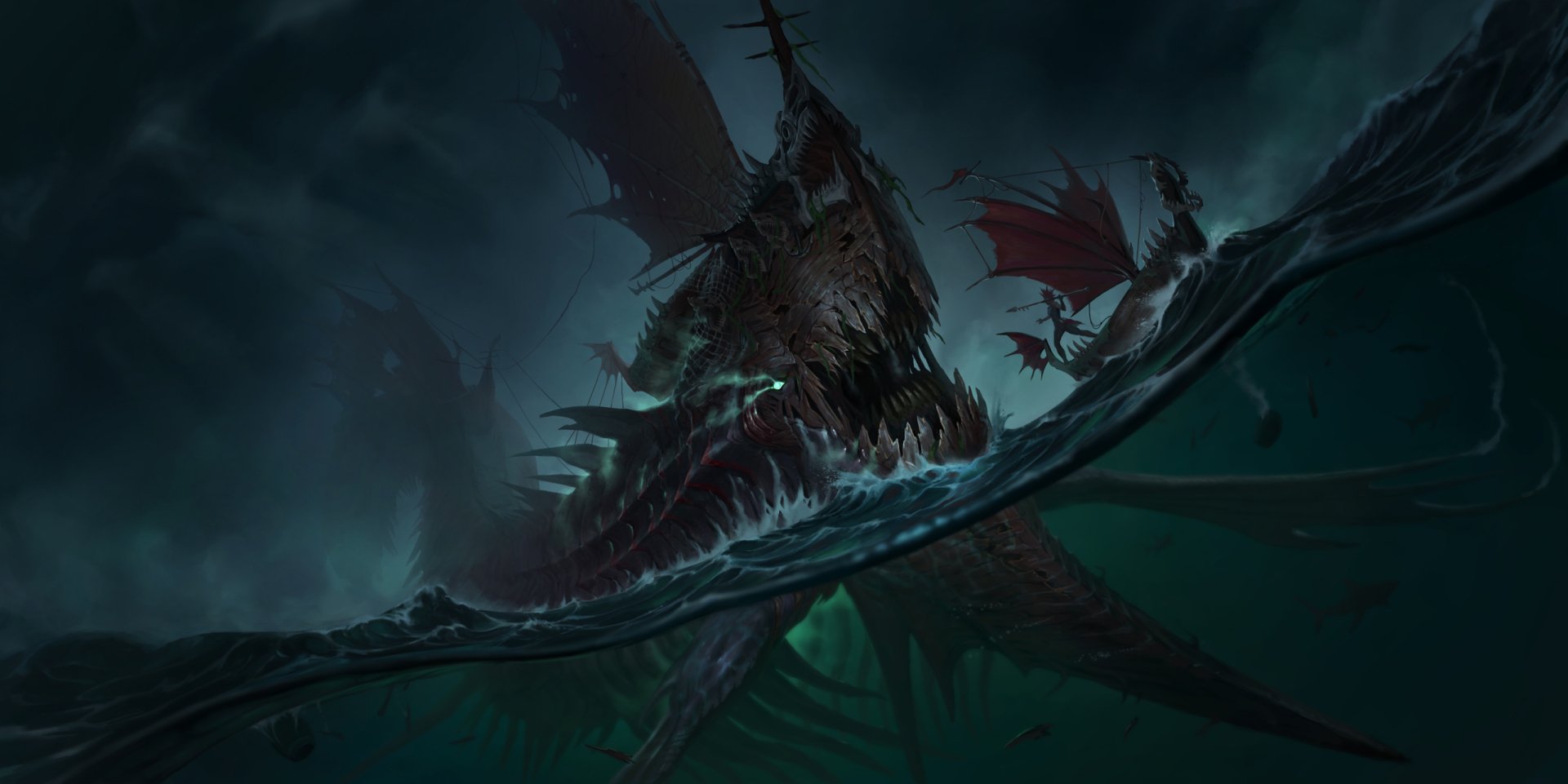 HD PC wallpaper from the video games League of Legends and Legends of Runeterra: Bilgewater's colossal sea monster breaches stormy green waters, glowing maw and tattered sails.