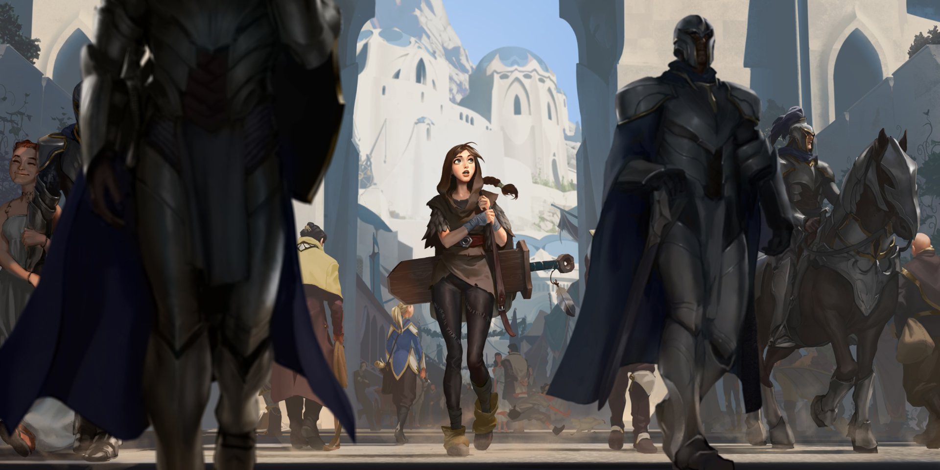 HD desktop wallpaper from Legends of Runeterra featuring a scene with armored knights and a central figure crossing their path in a historical city setting.