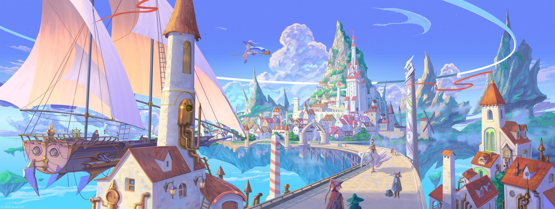 HD anime cityscape desktop wallpaper featuring vibrant, detailed buildings, a castle tower, and a serene waterfront under a bright blue sky.