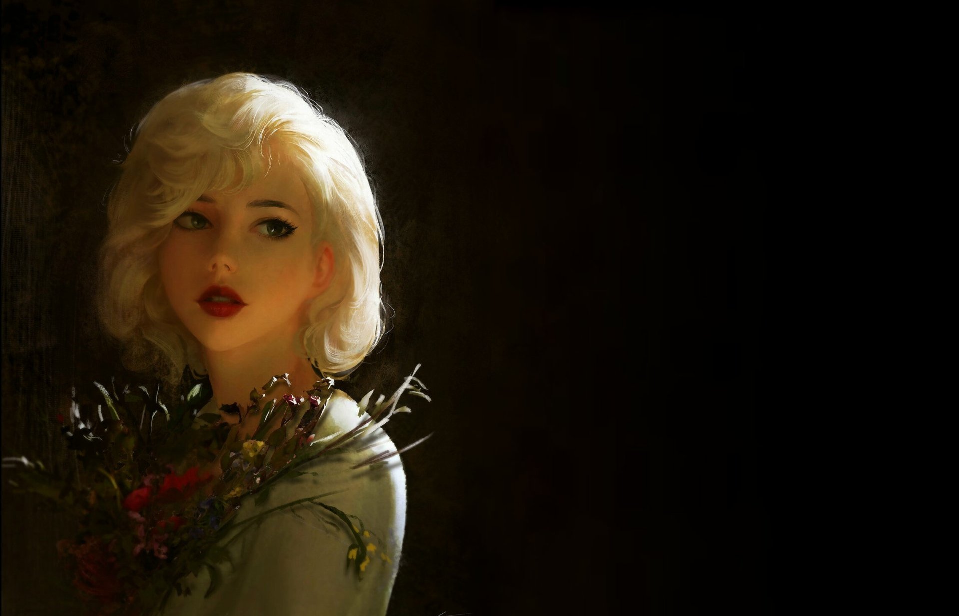 Download Flower Blonde Portrait Painting Woman Artistic HD Wallpaper by Chen Wang