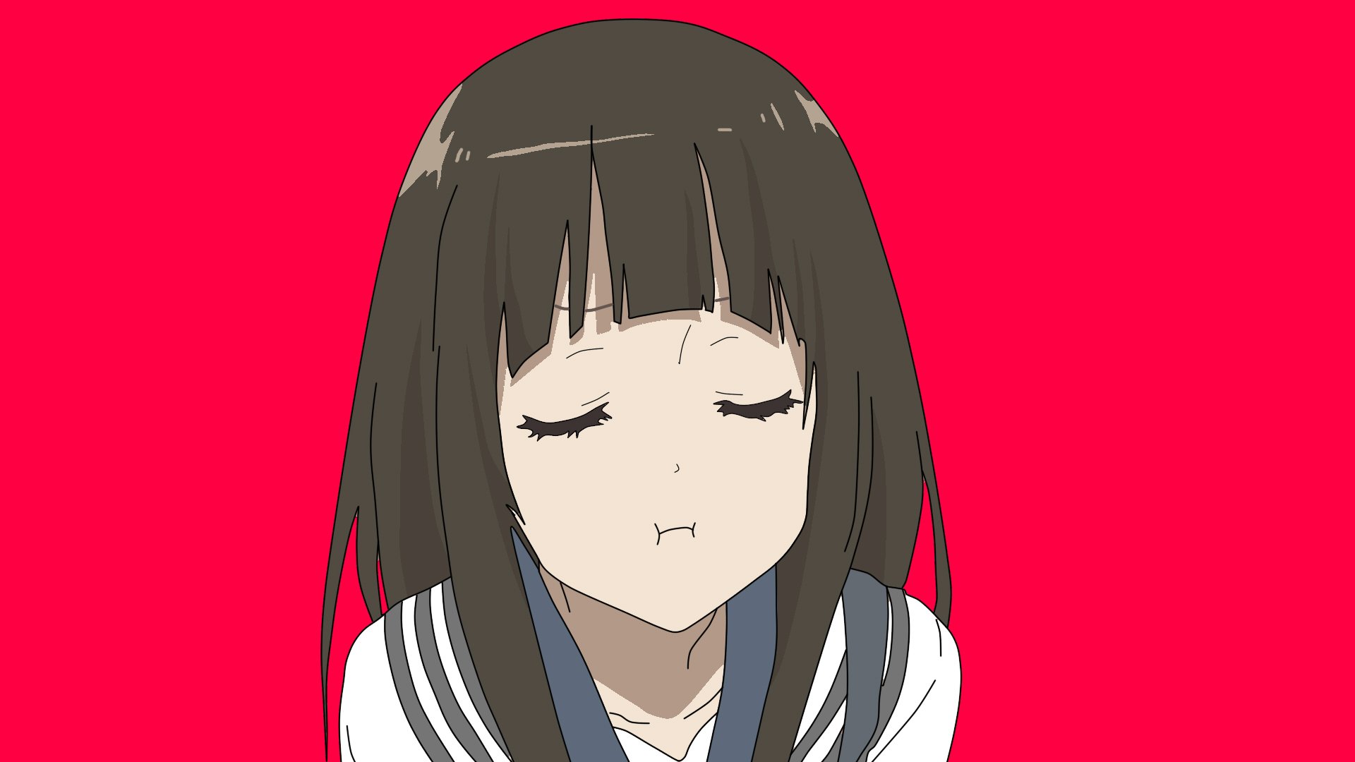 HD PC wallpaper of Eru Chitanda from Hyouka: close-up anime portrait with eyes closed and a small pout, wearing a school uniform against a bright red background.