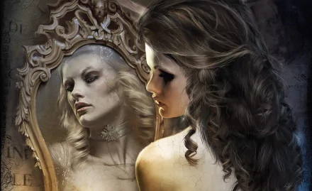 A fantasy-themed HD desktop wallpaper featuring a woman gazing into a decorative mirror, reflecting a mysterious figure, blending beauty and intrigue.