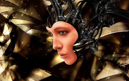 HD CGI desktop wallpaper featuring a sci-fi robot face with human-like features integrated into complex mechanical machinery.