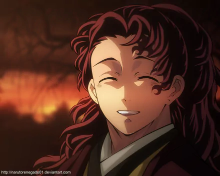 HD PC desktop wallpaper featuring Yoriichi Tsugikuni from the anime Demon Slayer: Kimetsu no Yaiba, showcasing his gentle smile against a warm, softly lit background.
