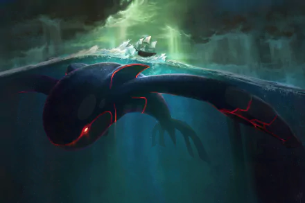 HD desktop wallpaper featuring Kyogre from Pokémon. The image depicts the massive creature underwater with a ship on the ocean surface above, blending anime style with a dramatic and captivating scene.