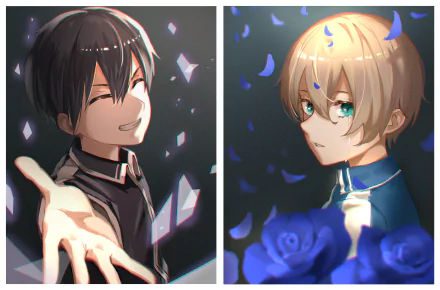 HD anime desktop wallpaper featuring Eugeo and Kirito (Kazuto Kirigaya) from Sword Art Online: Alicization, with glowing blue and white effects.