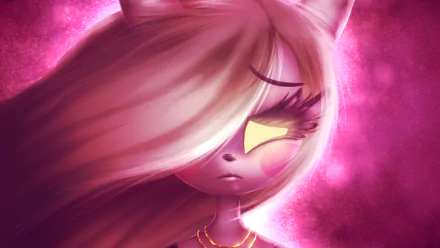 Hazbin Hotel fan art: close-up of a pink-haired demon with cat ears and one glowing yellow eye, stylized 5K Ultra HD PC desktop wallpaper background in magenta hues.