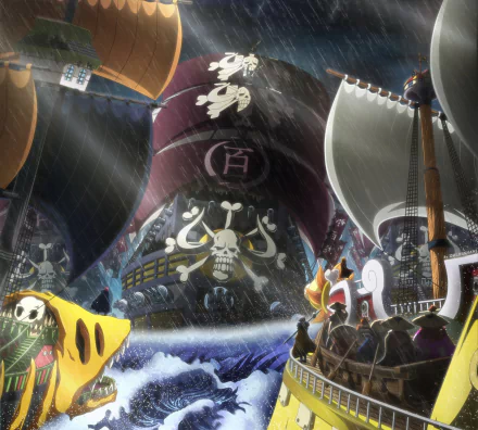 HD wallpaper of Eustass Kid, Trafalgar Law, and Monkey D. Luffy from the anime One Piece, featuring detailed pirate ships in a dramatic ocean scene.
