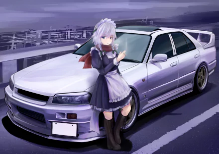 Sakuya Izayoi (Touhou) in her maid outfit leaning against a silver sports car on a bridge at dusk — anime 4K Ultra HD PC desktop wallpaper.
