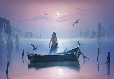 Daenerys Targaryen with long white hair stands on a boat in a misty, ethereal landscape under a crescent moon, captured in a 4K Ultra HD Game of Thrones wallpaper.