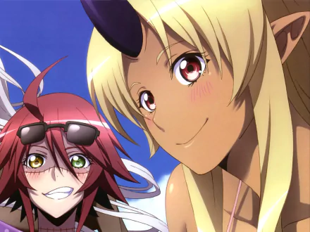 HD anime desktop wallpaper featuring Tionishia and Zombina from Monster Musume with vibrant colors and expressive character designs against a clear blue sky.
