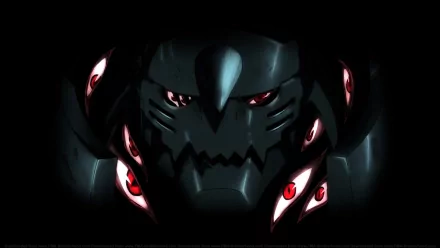 HD wallpaper featuring Alphonse Elric from the anime Fullmetal Alchemist, showcasing his iconic armored visage with glowing red eyes against a dark background.