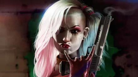 4K Ultra HD PC desktop wallpaper of Harley Quinn (DC Comics): comic-style portrait with white-and-pink hair, smeared makeup, and a handgun held close to her face.