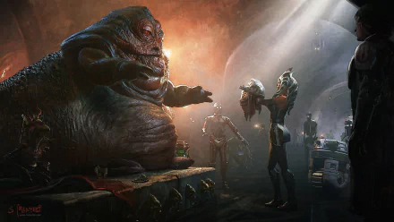 HD Star Wars desktop wallpaper featuring Jabba the Hutt, C-3PO, Ahsoka Tano, and other characters in a dramatic sci-fi scene.