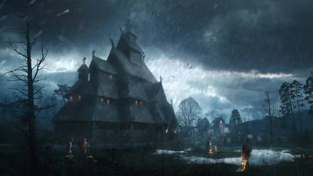 HD PC desktop wallpaper and background: rainy fantasy night with a towering wooden house glowing through the storm, villagers with lanterns and puddled reflections beneath heavy clouds.