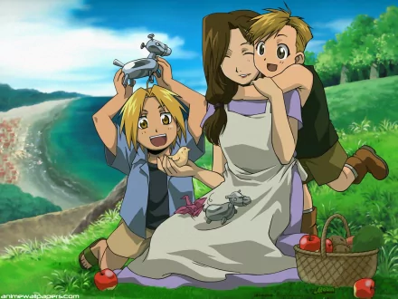 HD PC desktop wallpaper: Trisha Elric with young Edward and Alphonse Elric from Fullmetal Alchemist on a sunny grassy hillside picnic, toys and a wicker basket.