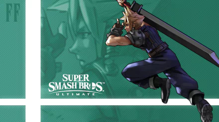 Cloud Strife from Super Smash Bros. Ultimate posed mid-jump with his Buster Sword against a green textured 2K Quad HD PC desktop wallpaper background with the game logo.