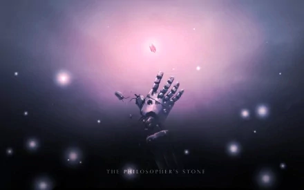 A captivating HD wallpaper from Fullmetal Alchemist features a mechanical hand reaching for a glowing Philosopher's Stone amidst a dreamy, starry background.