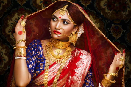 saree jewelry necklace lipstick Indian woman model HD Desktop Wallpaper | Background Image