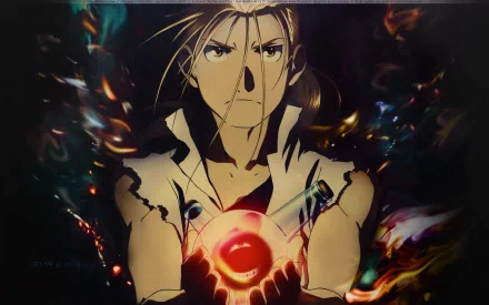 A dynamic HD wallpaper featuring Van Hohenheim from Fullmetal Alchemist, showcasing him with focused intensity and an orb of energy amidst vibrant swirling colors.
