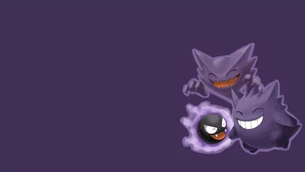 HD anime-style PC desktop wallpaper featuring ghost Pokémon Gastly, Haunter, and Gengar grinning against a deep purple background.