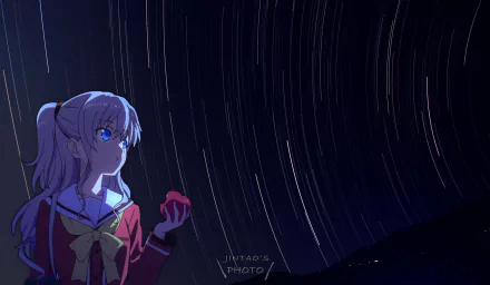 HD PC desktop wallpaper featuring Nao Tomori from the anime Charlotte, set against a starry night sky with swirling star trails.
