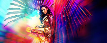 A vibrant 4K wallpaper featuring Gal Gadot as Wonder Woman, showcasing her iconic armor, Lasso of Truth, and magnificent wings against a colorful backdrop from Wonder Woman 1984.