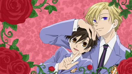 HD anime wallpaper featuring Tamaki Suoh and Haruhi Fujioka from Ouran High School Host Club, set against a pink floral background with red roses.