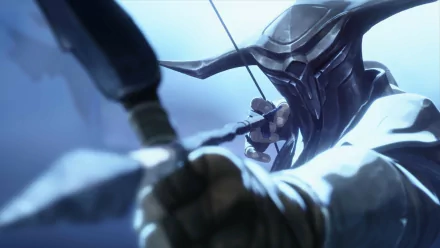 HD desktop wallpaper featuring a dynamic close-up of a helmeted archer from the video game Legends of Runeterra, captured in mid-shot with a drawn bow.