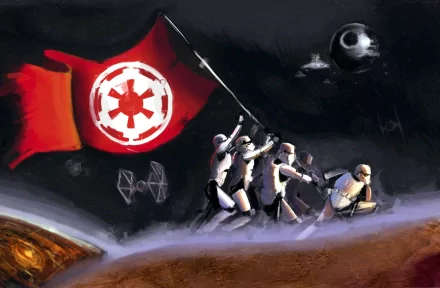 A dramatic HD wallpaper featuring stormtroopers marching under the Imperial flag in a Star Wars-inspired space setting, with spacecraft and a distant planet visible.