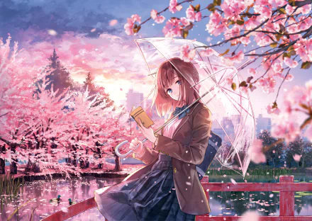Anime-style HD desktop wallpaper of a girl with an umbrella reading under blooming sakura cherry blossoms in a vibrant spring setting.