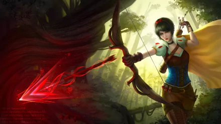 Snow White from Disney's Snow White and the Seven Dwarfs in a forest, drawing a glowing red bow arrow — dramatic movie-style 2K Quad HD PC desktop wallpaper.